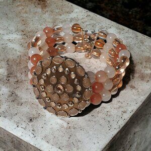 Women Cuff Bracelet Beaded Memory Wire Enameled Rhinestone Coral Peach Adjust